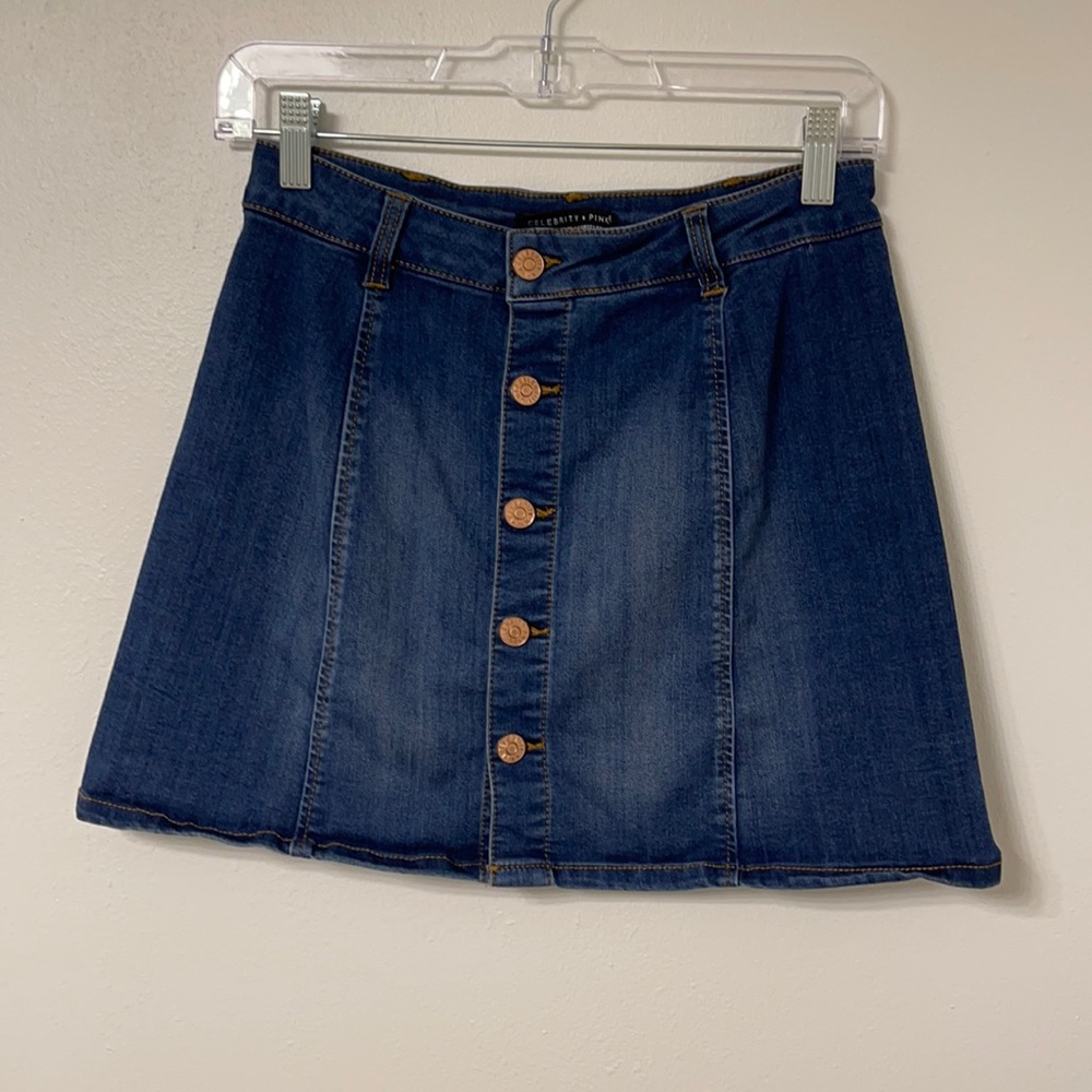 Celebrity pink button front denim mini skirt size 5/27 waist.